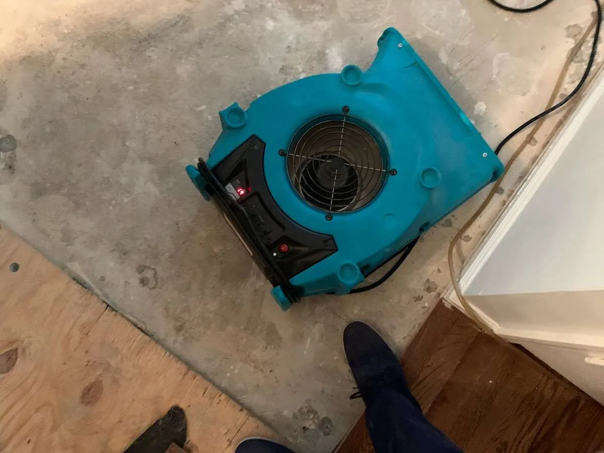 Air mover drying subfloor during Leak Detection & Repair in Mill Creek East